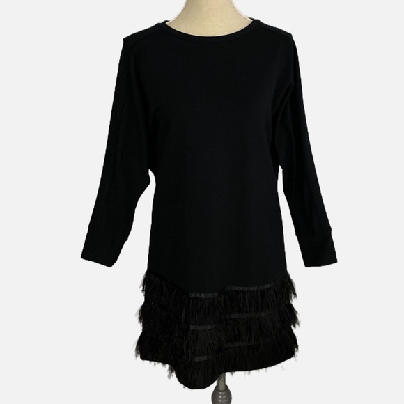 Imperial Mini Dress Long Sleeve Feather trim Black Size Small T-Shirt Italy - Picture 1 of 13
